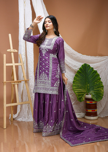 Ladies Fine Crepe Dual <b>Sequin</b> Work <b>Top</b> Plazo Matching Dupatta Set Stitched Indian Ethnic Wear Three Piece <b>Party</b> Suit - Product Image 3