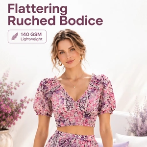 Conjunto de traje de baño floral de 2 piezas para mujer, top corto con cuello en V y falda con mangas abullonadas, tankini ligero - Product Image 1
