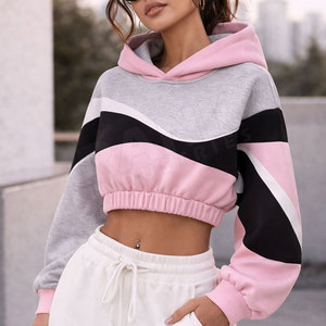 Sudadera con capucha corta para mujer, personalizada, rosa, de manga larga, informal, oversize, con bloques de color - Product Image 5