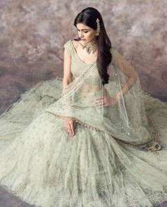 <b>Light</b> Green Embroidered Lehenga Set <b>Net</b> Unstitched Evening Dress Bollywood Wedding Outfit With Dupatta - Product Image 2