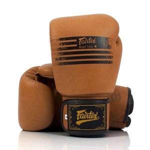 Gants de boxe en cuir véritable marron vintage de qualité supérieure, imprimés rayés, pour entraînement professionnel, Muay Thai, sparring, avec fermeture auto-agrippante - Product Image 1