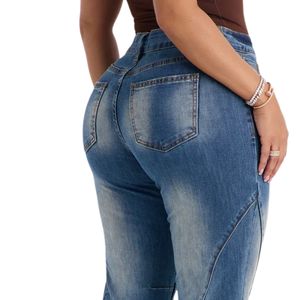 Jean évasé bleu taille haute pour femme en denim stretch, coupe bootcut, coupe slim, décontracté, pantalon à jambe large, vêtement de mode - Product Image 4