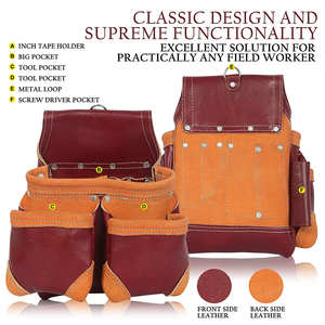 Leather <b>Tool</b> <b>Belt</b> <b>Pouch</b> With Multiple Pockets And Hook For <b>Tools</b> Storage Orange And Burgundy Color - Product Image 6