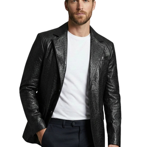 Chaqueta de Cuero para Hombre, Estilo Blazer, de Cuero de Avestruz Negro, con un Solo Botón, Cuello Camisero, Forro de Satén - Product Image 5