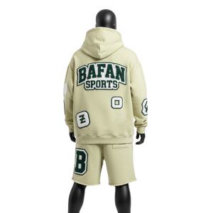 ชุดเซ็ตฮู้ดดี้และกางเกงขาสั้นผ้าฝ้ายฟลีซพรีเมียม 320 GSM สีเขียวเซจ แต่งแพทช์เชนีล ปักโลโก้ตามสั่ง - Product Image 2