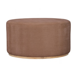Minimalist <b>Round</b> Almond Upholstered Pouf MDF LVL Veneer Ottoman for Living Room Lounge - Product Image 1
