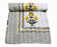 Couvre-lit Kantha à motifs floraux jaunes, tissé à la main, en coton écologique, design classique, pour toutes les saisons, décoration d'intérieur, Rajasthan