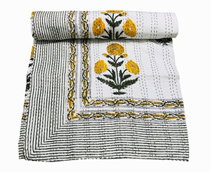 Hand Block Yellow Floral Kantha <b>Quilt</b> Eco-Friendly Cotton Classic Design All-Season Home Decor <b>Bedspread</b> Rajasthan - Product Image 2