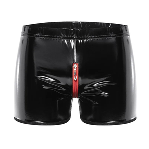 Men's Black PU Coated High Waist Shorts With <b>Red</b> Zipper Fly Gothic Style Short Shorts Spandex Nylon <b>Material</b> - Product Image 1