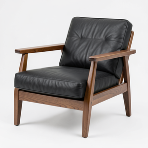 Fauteuil lounge en cuir de vachette véritable noir, structure en bois brun naturel, fauteuil moderne pour salon, meubles du milieu du siècle - Product Image 1