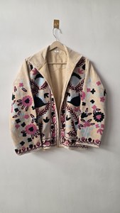 Heavy Embroidered Breathable <b>Quilted</b> Velvet Jacket Women Traditional Suzani Floral Thread Work Full Sleeve Open Front Winter - Product Image 4