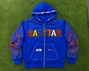 Sudadera con capucha y cremallera para hombre, personalizada, azul, con gráfico de diamantes de imitación, estilo urbano, premium, bordada, moda hip hop - Product Image 6
