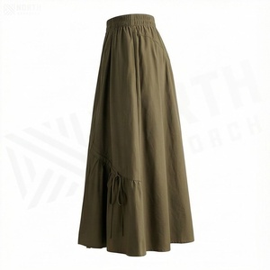 Jupe midi évasée pour femme, taille élastique, cordon de serrage, poches, couleur unie, style décontracté, vert olive, mélange polyester-coton - Product Image 3