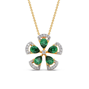 Collier pendentif fleur en or 18 carats de luxe avec pierres vertes taille émeraude et accents de diamants ronds pour femmes - Product Image 2