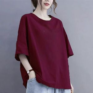 T-shirt ample à manches courtes pour femme, couleur unie, épaules tombantes, col rond, 100% coton tricoté, respirant, toutes saisons - Product Image 1