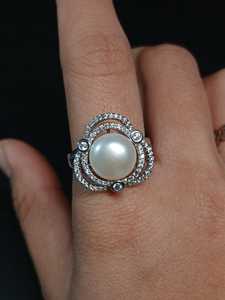 Sterling <b>Silver</b> Faux Pearl CZ Halo <b>Ring</b> Elegant Sparkling Fashion <b>Ring</b> Jewelry Gift For Women Bridal Style - Product Image 5
