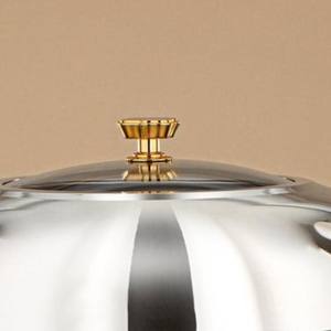 Round Stainless Steel Chafing Dish Laser Cut Arabic Design Buffet Food <b>Warmer</b> with Glass Lid and Gold Accents & <b>Legs</b> for Hotel - Product Image 2