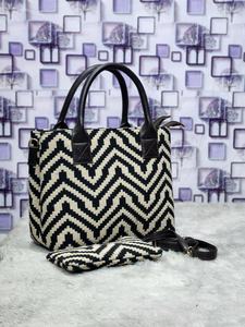 Monochrome Chevron Jacquard Handbag – 2-Piece Set with Detachable Sling <b>Strap</b> - Product Image 3
