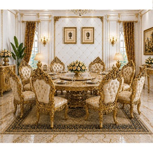 Ultra-Luxury Hand-Carved Gold Finish <b>Solid</b> <b>Wood</b> Round Dining <b>Table</b> Set 8-Seater Dining Room Furniture - Product Image 1