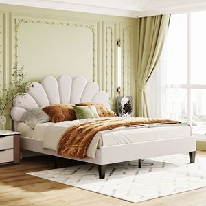 Letto matrimoniale imbottito con elegante testiera in velluto con motivo floreale in colore beige - Product Image 1