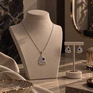 Premium 925 Sterling Silver Blue Sapphire Jewelry Set <b>Fan</b> Design <b>Necklace</b> Earrings Elegant Gemstone Fashion Jewelry - Product Image 2