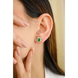 14K White Gold Emerald Cut Diamond <b>Halo</b> Stud <b>Earrings</b>-Timeless Wedding Jewelry - Product Image 4