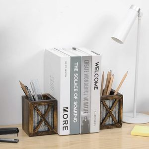 Sujetalibros Cuadrados de Bambú Art Deco para Montar en la Pared o Escritorio, con Organizador Metálico para Bolígrafos y Lápices, para el Regreso a Clases - Product Image 3