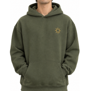 Sweat-shirt à capuche pour homme de qualité supérieure, vert olive, avec logo soleil brodé, poche kangourou, décontracté - Product Image 1