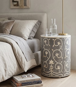 Transitional Modern Mother of Pearl Inlay Wooden Nightstand <b>Round</b> <b>Bedside</b> <b>Table</b> Handmade Decorative Side <b>Table</b> for Bedroom - Product Image 1