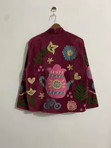 Chaqueta Bordada de Terciopelo Borgoña Hecha a Mano con Diseño Floral para Mujer, Estilo Bohemio de Jardín Botánico, Manga Larga, para Otoño - Product Image 2