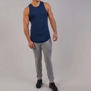 Men's <b>Navy</b> Blue Cotton Tank <b>Top</b> O Neck Solid Color Casual Breathable Knitted Workout Vest - Product Image 3