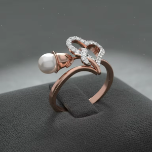 แหวนรูปหัวใจสีโรสโกลด์ประดับมุกและเพชรสำหรับงานแต่งงานและงานหมั้น - Product Image 4