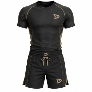 Men's Black MMA Training Kit Fitted Quick Dry <b>Polyester</b> Shorts and Shirt with Gold Logo Print Martial Art Training Set - Product Image 1
