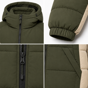 Premium Outdoor Puffer <b>Jacket</b> Cold Weather Padded Hood Contrast Construction Custom Badge OEM Zipper Pockets Elastic Wrist Cuffs - Product Image 4