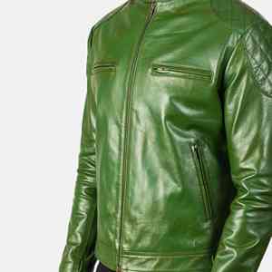 Veste de motard en cuir véritable de mouton vert pour homme avec fermeture éclair, doublure en viscose matelassée et poches intérieures et extérieures. - Product Image 5