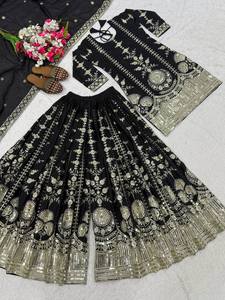 Readymade Beautiful Heavy Embroidered <b>Black</b> Silk Sharara <b>Dress</b> for Women Traditional Indian <b>Pakistani</b> Wedding Party Clothing - Product Image 1