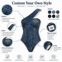 Baju Renang Satu Potong Model One-Shoulder High Cut Bahan Denim Biru Custom dengan Detail Patchwork Melingkar di Dada, Elastis dan Mampu Mengontrol Perut