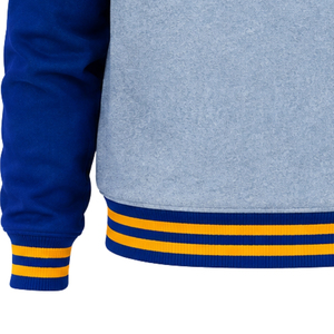 <b>Womens</b> <b>Light</b> Grey Varsity Bomber <b>Jacket</b> Blue Sleeves Pearl Embroidery Detail Gold Trim Snap Button Ribbed Collar Cuffs Outerwear - Product Image 5