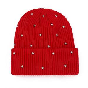 Venta al por mayor de gorros de invierno personalizados para mujer, gorros de punto de algodón con pedrería para mujer. - Product Image 5