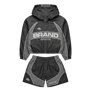 Women lightweight polyester windbreaker short set 120 GSM <b>grey</b> black panel design sublimation print custom logo - Product Image 1