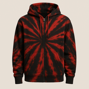 Sudadera con capucha para hombre, roja y negra, con efecto tie-dye, tejida, impermeable, antiencogimiento, con cremallera, moderna y atrevida, para uso casual en invierno. - Product Image 3