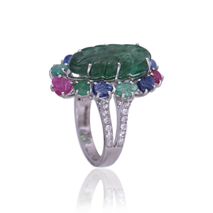 Bague Feuille Sculptée en Argent Sterling 925 avec Émeraudes, Saphirs Multicolores et Zircons Cubiques, Plaqué Rhodium, Bijou de Luxe - Product Image 2