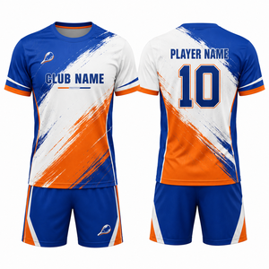 Kit de tennis unisexe personnalisé imprimé par sublimation, bleu, orange, blanc, blocs de couleur, col en V, manches courtes, respirant, en polyester tricoté - Product Image 1