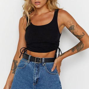 Top Corto de Mujer con Cuello Redondo, Manga Corta, Ajustado, de Satén Ecológico, con Bajo Ajustable, Color Liso, Tejido de Punto, Estilo Casual de Verano - Product Image 5