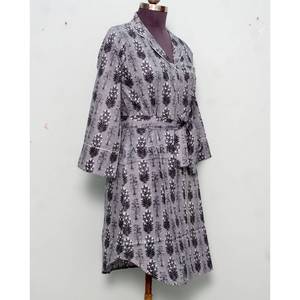 Indian Handmade Thermal Lightweight Winter Bathrobe Boho Floral Cotton Kimono with Bird Print Woven Fabric long shirt with <b>belt</b> - Product Image 5