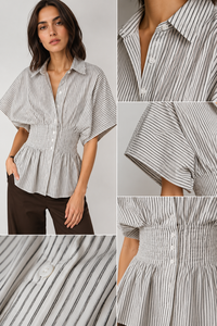 Summer Vintage Striped Women's Regular Fit High Waist Fashion Ruffle Pleated Eco-Friendly Blouses Casual Shirt - Product Image 6