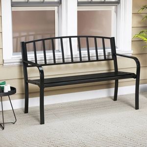 Banc de jardin extérieur résistant aux intempéries, banc de patio en métal avec dossier à lattes et accoudoirs incurvés pour jardin, cour, parc et patio - Product Image 3