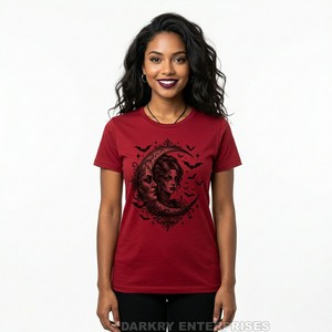 T-shirt personnalisé pour femme, motif croissant de lune, style vintage sorcière, portrait de déesse de la lune, hauts en coton rouge, vêtements pour femmes, fabricant - Product Image 1