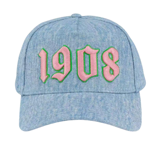 AKA <b>Light</b> Denim 1908 Snapback <b>Hat</b> Pink Embroidered Letter Blue Washed Denim Baseball Cap Adjustable Cotton Headwear Casual - Product Image 1