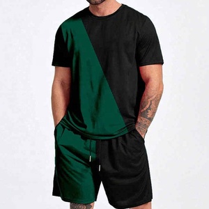Conjunto de camiseta y pantalones cortos para hombre, en bloques de color negro y verde, cuello redondo, manga corta, corte holgado, informal, transpirable, para verano. - Product Image 5